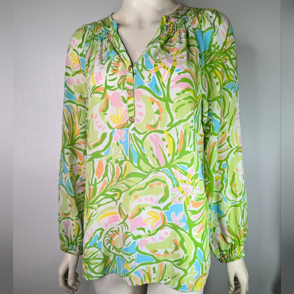 Lilly Pulitzer Floral Silk Peasant Tunic Top Long Sleeve V Neck Colorful Elsa